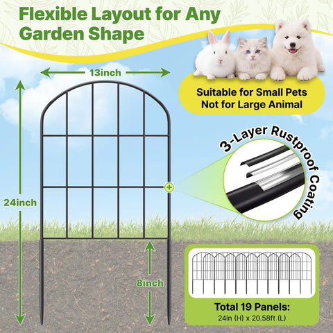 19 Pack Decorative Garden Fence Panels Set With No Dig Install 24 Inch High Outdoor Border Fencing Rust Proof Metal Wire Edging.