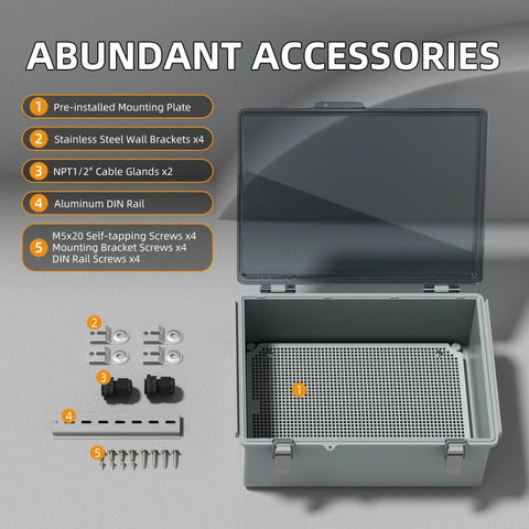 Lockable outdoor plastic weatherproof electrical box with clear lid; front view shows mounting plate, brackets (x4), glands.