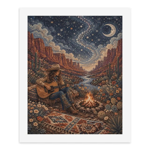Paint By Numbers Kit For Adults Beginner Guitar Desert Camp Set With Frameless Canvas depicts a desert scene with a musician by a campfire.