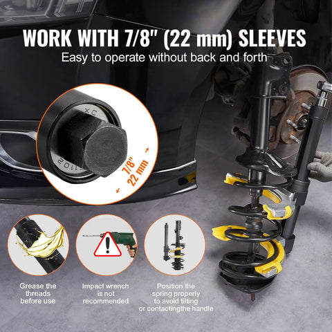 Strut Spring Compressor Kit For MacPherson And Conical Springs With Interchangeable Forks 9921 Lb Capacity in use on car