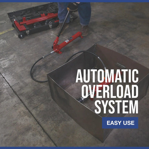 Heavy Duty 10 Ton Hydraulic Portable Ram Kit with pump and snap-lock tubes in use on concrete floor for auto body repair