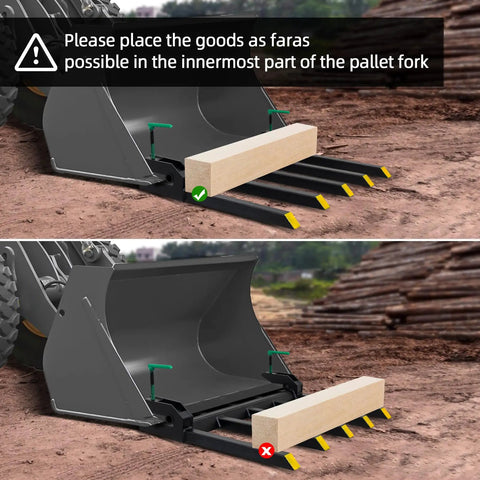 Image showing correct and incorrect placement of load on Built Tough Clamp On Debris Forks For 48 To 60 Inch Buckets.
