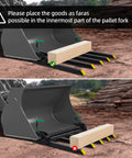 Built Tough Heavy Duty Clamp On Debris Forks For 48 Inch Buckets Pallet Fork Attachment For Loaders Skid Steers And Tractors 2500 Lbs Capacity Easy Install Durable Steel Construction shown with correct and incorrect use
