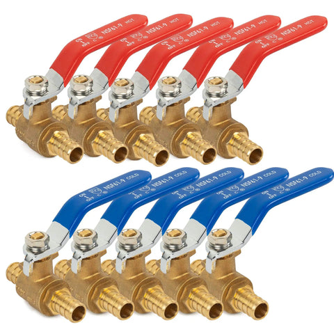 10 Pack 1/2 Inch PEX Brass Full Port Shut Off Ball Valve Hot And Cold Quarter Turn Red Blue Water Stop Valve For Residential Plumbing