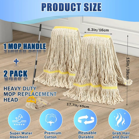 Two Pack 20Oz Heavy Duty Cotton Mop Set With 63 Inch Stainless Steel Handle For Industrial Cleaning Commercial Grade