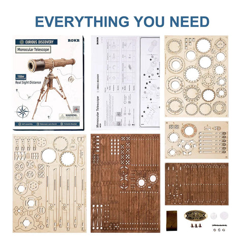 3D Wooden Monocular Puzzle Kit With Working Telescopic Tube DIY Science Model Build For Adults And Teens One To One Replica Monocular Dope Display Item Unique Gift For Curious Minds, wooden parts and instructions laid out