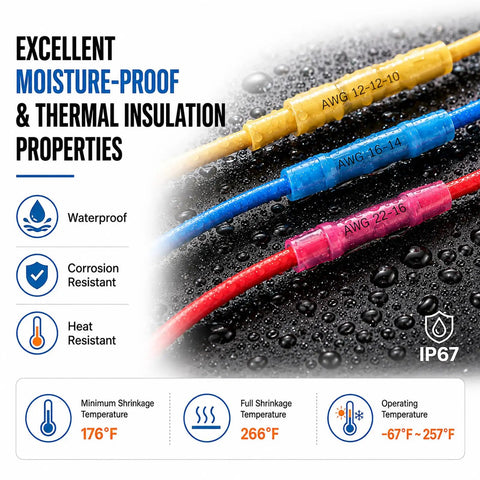 Blue Heat Shrink Butt Connectors 100 Pack 16 Thru 14 Awg Beefy Copper Crimp Wire Splices with moisture-proof insulation.