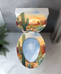 Elongated Resin Toilet Seat for Bathroom with a colorful cactus desert design, top view showing art and shape.