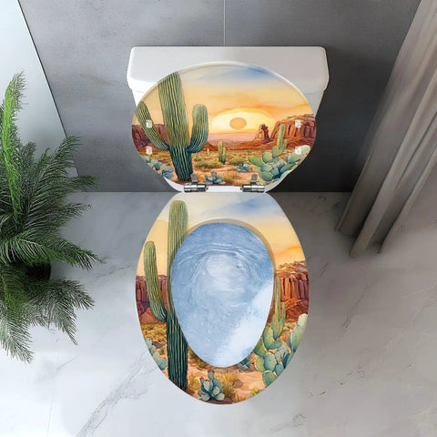 Elongated Resin Toilet Seat for Bathroom with a colorful cactus desert design, top view showing art and shape.