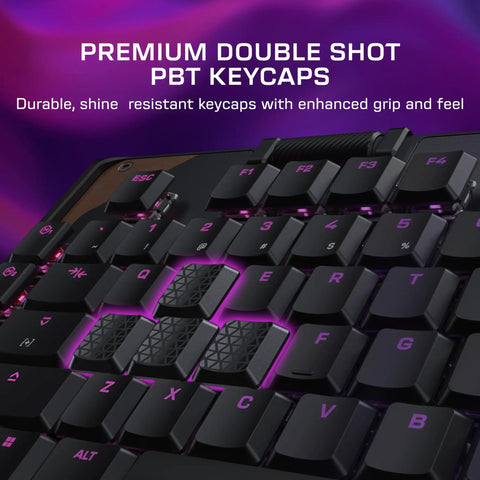 Close-up of Full Size Mechanical PC Gaming Keyboard With Command Touch Display And Titan Switches, featuring premium PBT keycaps.