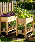 Raised Wood Planter Box On Legs With Storage Shelf For Vegetables Flowers And Herbs Outdoor Garden Bed In a Backyard