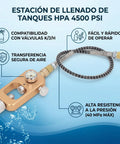 Scuba Valve Adapter 4500 Psi Fill Station With Hose For HPA Tank Refilling System overview with features in Spanish