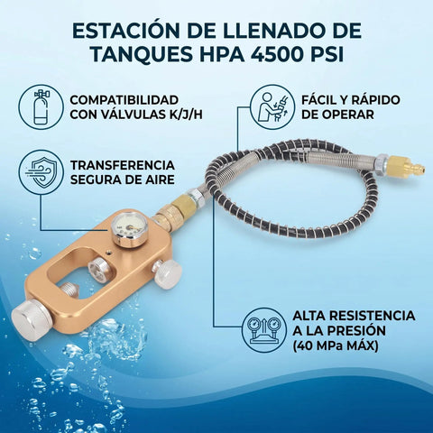 Scuba Valve Adapter 4500 Psi Fill Station With Hose For HPA Tank Refilling System overview with features in Spanish