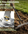 Heavy-Duty Dethatching Rake For Lawns 15 Inch With 19-Tine Steel Head, Adjustable Head And Long Handle shown in garden