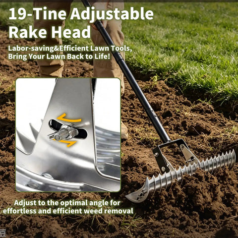 Heavy-Duty Dethatching Rake For Lawns 15 Inch With 19-Tine Steel Head, Adjustable Head And Long Handle shown in garden