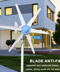 800W Wind Turbine Generator Kit With Built In Charge Controller For 12V 24V Dual Output Six Blade Wind Power Unit installed by a modern home.