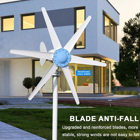 800W Wind Turbine Generator Kit With Built In Charge Controller For 12V 24V Dual Output Six Blade Wind Power Unit installed by a modern home.
