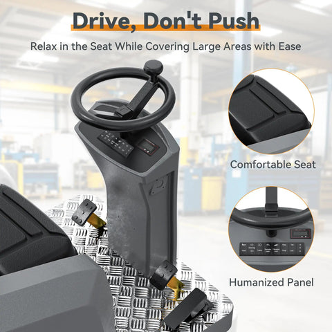 51 Inch Ride On Commercial Floor Sweeper With 27 Gallon Hopper And Powerful 800W Motor. This Big Duty Machine Boasts A Wide Path For Fast Cleaning In Warehouses And Factories. Get Ready To Sweep Up Messes Like A Boss With This Pro Grade Equipment.