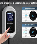Level 2 EV Charger 40 Amp 240V Portable Electric Vehicle Station with LCD screen and adjustable settings.