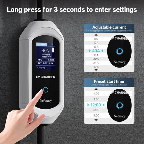 Level 2 EV Charger 40 Amp 240V Portable Electric Vehicle Station with LCD screen and adjustable settings.