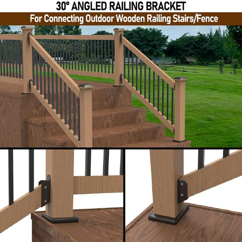 Installed railing featuring Four Pairs 35 Degree Stair Angle Deck Railing Connectors Made From 201 Stainless Steel Brackets Fits 2x4 Railing And Wood Posts For Easy Handrail Installation, close-up view of connectors and wood posts.
