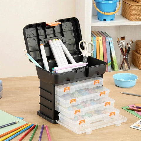 Versatile Fishing Tackle Storage Box With 4 Removable Trays And Adjustable Dividers, open with craft supplies on a desk