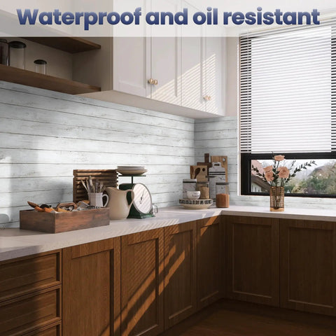 Peel And Stick White And Gray Wood Shiplap Wallpaper 17.7 By 118 Inches Self Adhesive Removable Wall Covering in kitchen view