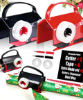 Two In One Wrapping Paper Cutter And Tape Dispenser All In One Wrapping Station No Fuss With Four Tape Refills And Two Blades For Quick Easy Gift Wrapping Ideal For Parties And Holidays Making Gift Wrapping Fast Clean And Fun. Black and red wrapping paper cutter with tape dispenser, extra blades, and tape rolls
