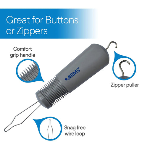 Button Hook With Zipper Pull No Fuss Dressing Aid With Comfort Grip Handle For Limited Hand Dexterity, Makes Buttoning And Zipping Clothes A Breeze Every Day. Grey handle, snag-free wire loop
