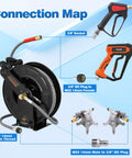 Pressure Washer Hose Reel With 50 Ft Three Eighths Inch Wire Braided Hose For Hot And Cold Water Auto Retractable Heavy Duty Reel 4000 PSI Black Ideal For Home DIY Garage Or Shop Use, detailing connection map with attachments.
