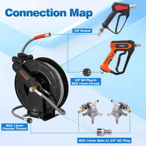 Pressure Washer Hose Reel With 50 Ft Three Eighths Inch Wire Braided Hose For Hot And Cold Water Auto Retractable Heavy Duty Reel 4000 PSI Black Ideal For Home DIY Garage Or Shop Use, detailing connection map with attachments.