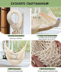 Close-up views of XL Hammock Chair With Hanging Hardware No Spreader Bar For Indoor Outdoor Lounging Beige 330 Lbs Weight Capacity Soft Cozy Durable Polyester Net Chair For Porch Patio Balcony Or Bedroom.