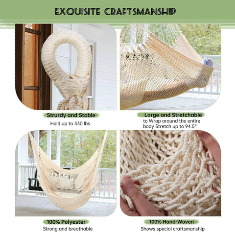 Close-up views of XL Hammock Chair With Hanging Hardware No Spreader Bar For Indoor Outdoor Lounging Beige 330 Lbs Weight Capacity Soft Cozy Durable Polyester Net Chair For Porch Patio Balcony Or Bedroom.