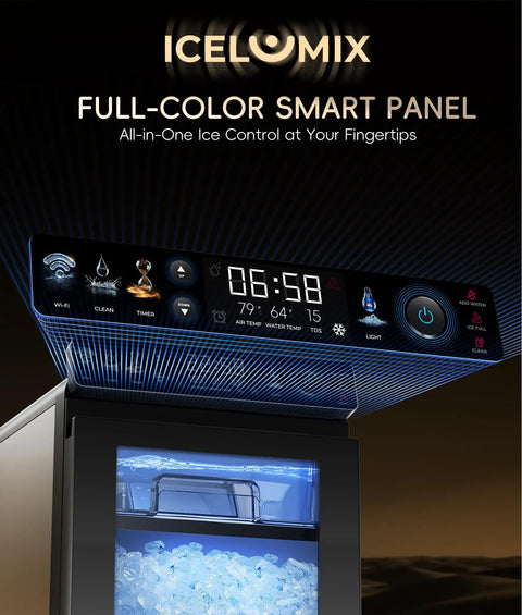 Top Shelf Nugget Ice Maker Countertop Unit Cranks Out 44 Pounds Daily With Seamless App Control And A Sleek Smart Full Color Panel displaying ice controls and settings.