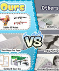 Comparison of 3D paper models kit with lifelike aircraft and guns vs. simple shapes from others; thick paper vs. thin, torn paper
