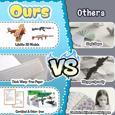 Comparison of 3D paper models kit with lifelike aircraft and guns vs. simple shapes from others; thick paper vs. thin, torn paper