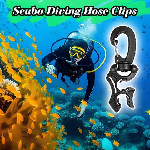 Three Pack Diving Hose Holder Clips For BCD Hose Management Double Hose Clips with Snap Hook Buckle next to a diver underwater