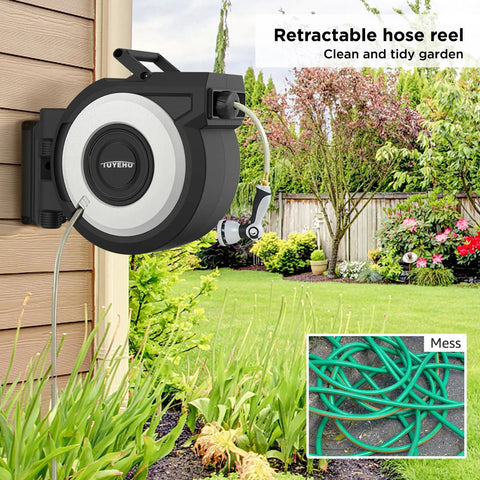 Retractable Garden Hose Reel 100Ft Wall Mount Heavy Duty Auto Rewind With Brass Fittings Leak Resistant 300 PSI Includes 2 Nozzles