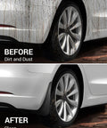 Before and after image showing Tesla Model 3 with and without mud flaps, highlighting splash protection from dirt and dust.