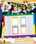 Students holding a Rainbow Science Fair Board Kit with 60 scalloped borders, showcasing colorful bulletin board trim.