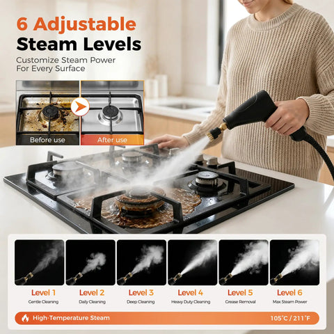 Portable Handheld Steam Cleaner With 1500W High Power For Homes And Kitchens cleaning greasy stovetop with adjustable steam levels.