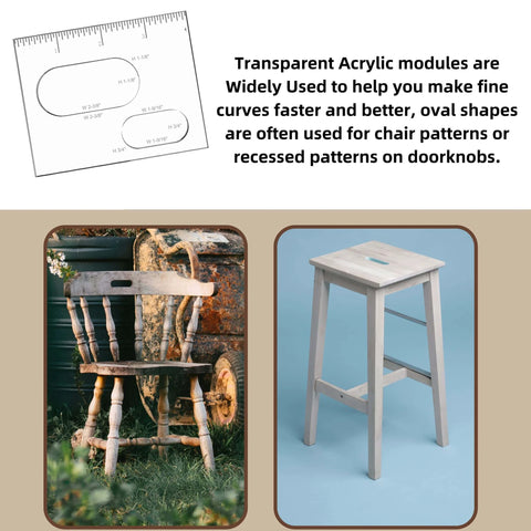Oval Inlay Router Template Set For Woodworking, 4 Pcs Elliptical Jig Templates With 4 Inch Ruler, shown in use on furniture.