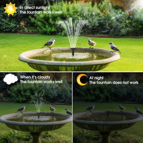 5.5W Solar Fountain Kit For Bird Bath And Small Pond With 3000mAh Battery Backup functioning in various lighting conditions.