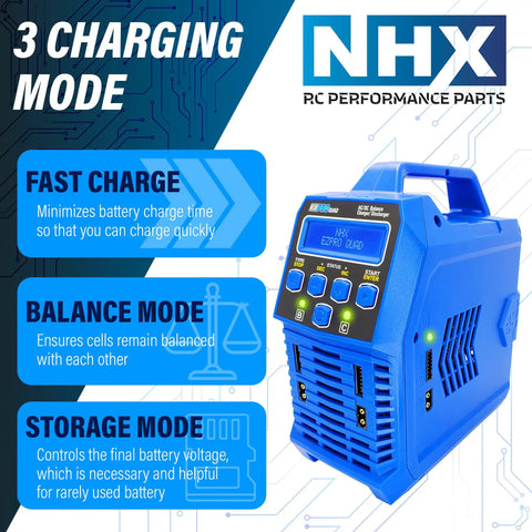 Blue Beefy Quad 100W X4 Battery Balance Charger with 3 charging modes for various battery types.