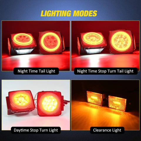 Two Pack LED Trailer Heavy Duty Light Kit with Halo Glow Ring showing night and day lighting modes for 12V trailers