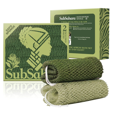 Authentic African Net Sponge 2 Pack Exfoliating Bath And Shower Loofah Sponge For Body And Face Go To Scrub For All Skin Types Travel Durable Polyester Olive Green And Light Green display