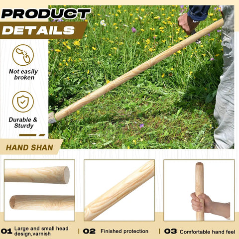 Person holding 2 Pack 54 To 55 Inch Solid Wood Garden Tool Replacement Handles For Digging Fork Spade And Shovel Rake Fits 1.38 To 1.77 Inch Diameter Pro Grade Durable Ash Wood With Moisture Resistant Finish in garden setting.