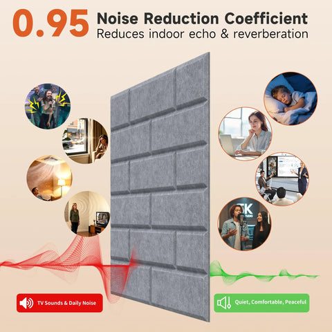 Ultimate Brick Shape Acoustic Panels Made From High Density Polyester Fiber To Blast Away Echoes And Silence Reverb Delivering Pro Grade Noise Reduction For Walls And Ceilings Perfect For Sound Proofing Home Studios And Gaming Rooms Value Pack Of 24 gray panel with 0.95 NRC rating.