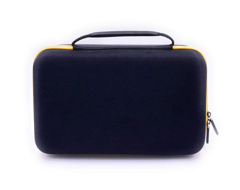 Front view of Hard Storage Case For Work Sharp Knife And Tool Sharpener Ken Onion Edition, Rugged EVA Shell, black with yellow edges.