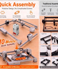 Quick assembly of Dope 20W Laser Engraver And Cutter With Air Assist and one-click focus demonstration against traditional methods.